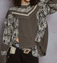 Pol - Printed Contrast Stud Button High Neck Top & Jogger Set