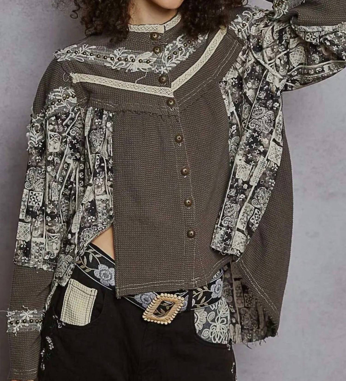 Pol - Printed Contrast Stud Button High Neck Top & Jogger Set
