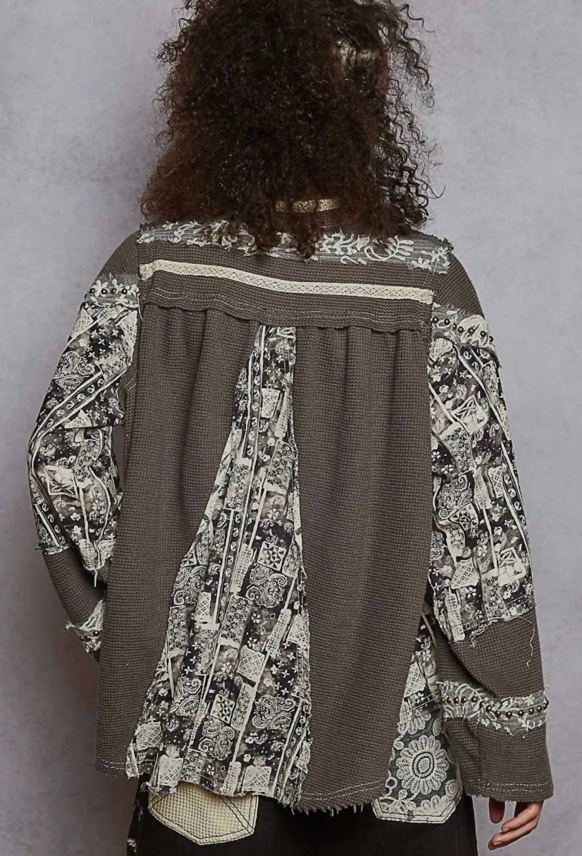Pol - Printed Contrast Stud Button High Neck Top & Jogger Set