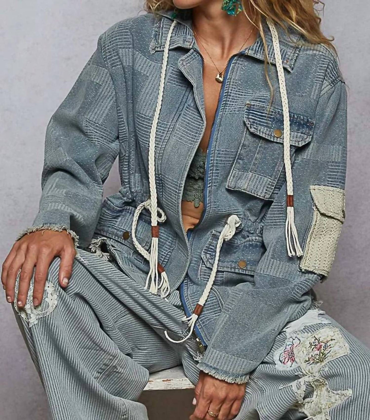 Pol - Raw Hem Drawstring Zip Up Hooded Denim Jacket