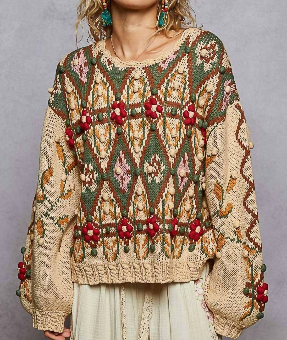 Pol - Scoop Neck Aztec Pattern Sweater Top