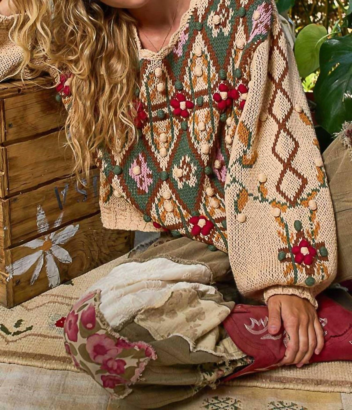 Pol - Scoop Neck Aztec Pattern Sweater Top