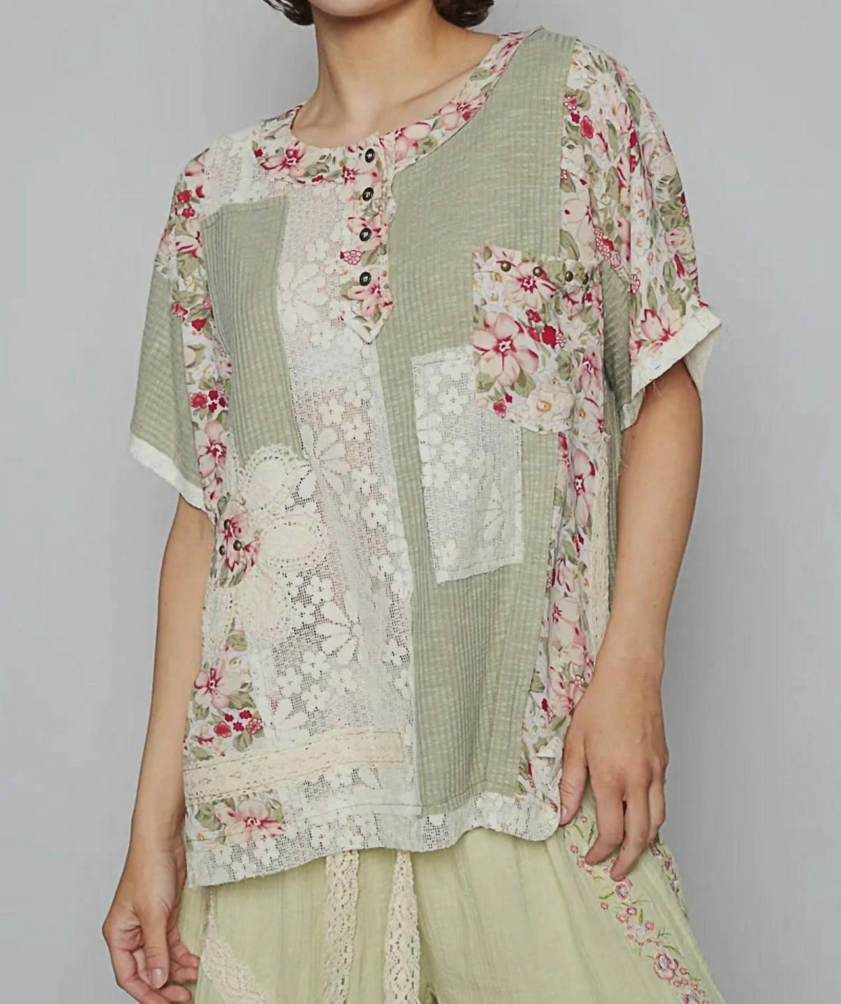Pol - Sheer Strip Floral Patch Oversize Top