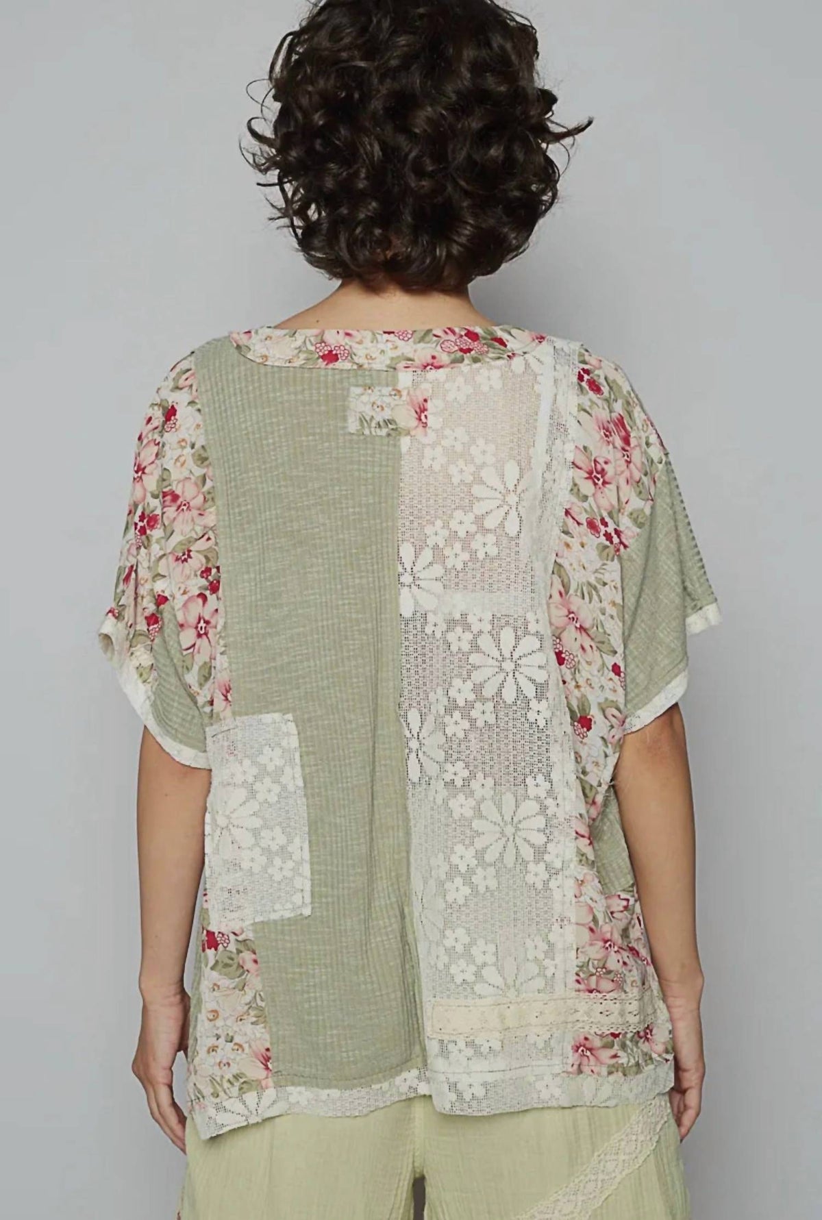 Pol - Sheer Strip Floral Patch Oversize Top