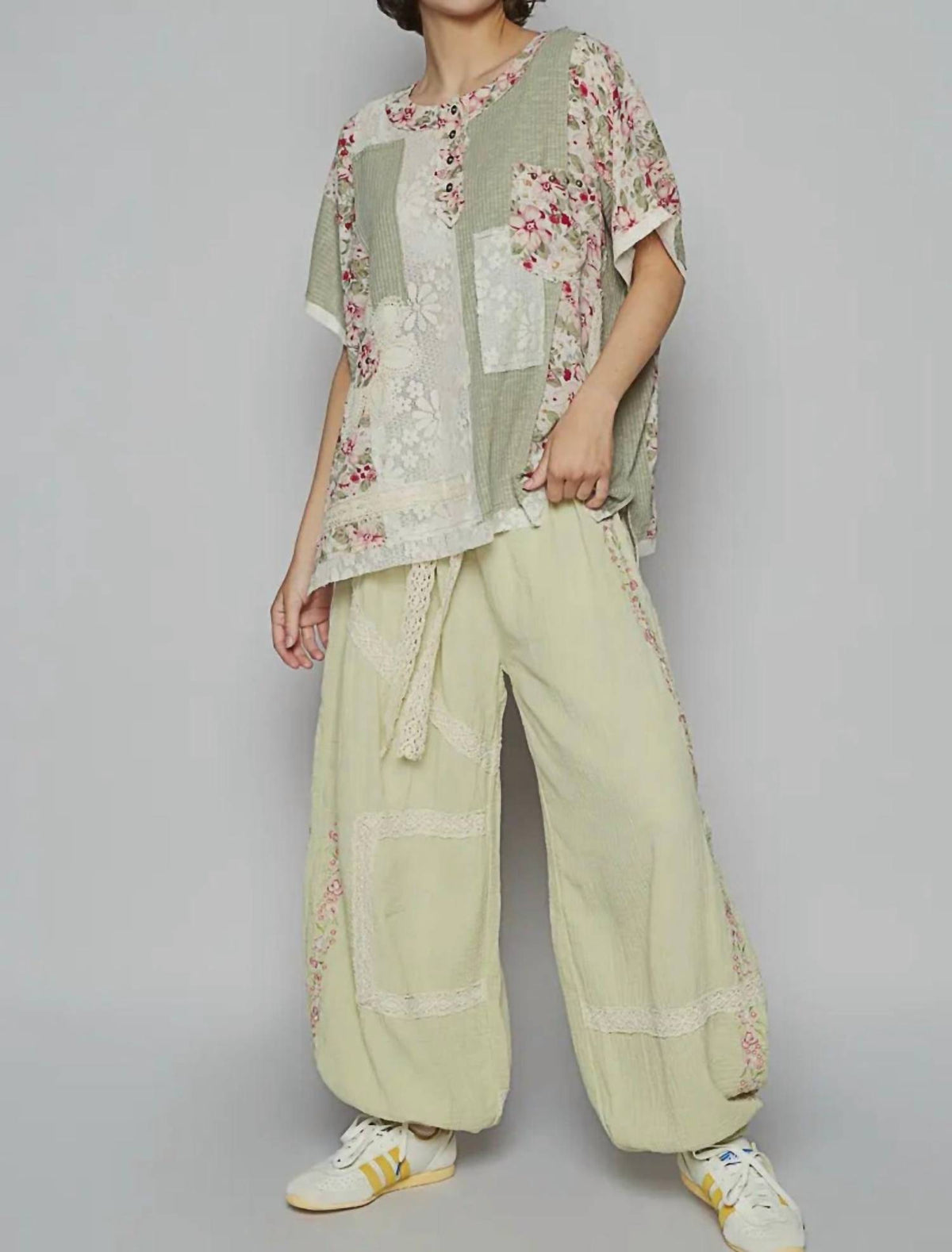 Pol - Sheer Strip Floral Patch Oversize Top