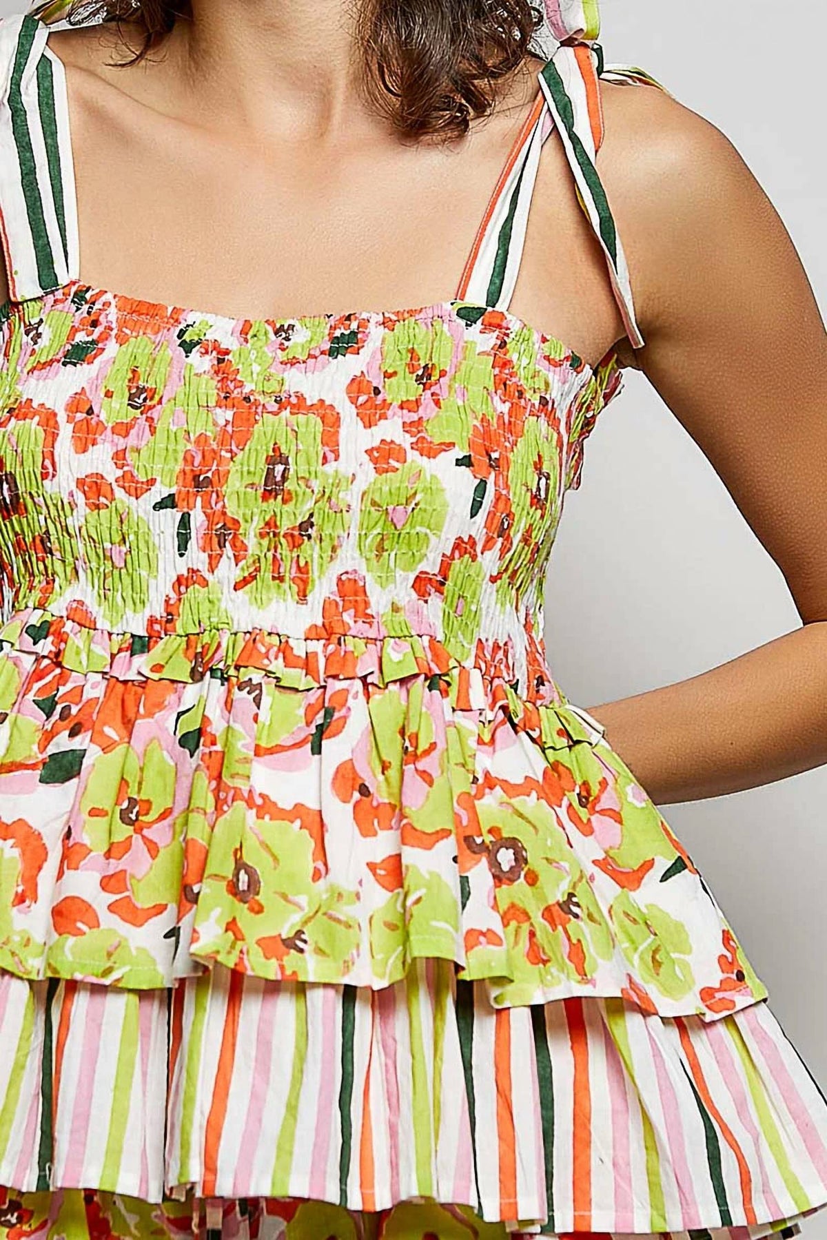 Pol - Shirred Ruffle Adjustable Strap Printed Sleeveless Top