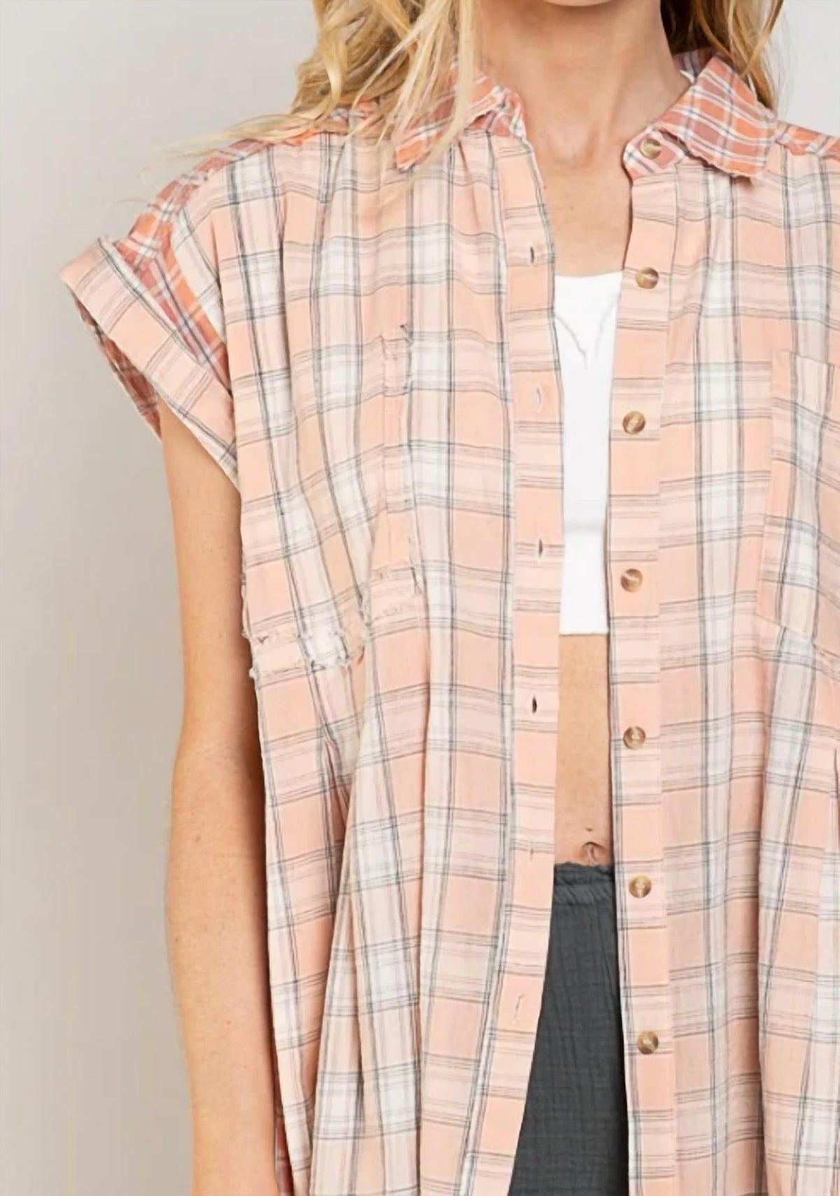 Pol - Springtime Plaid Button Thru Shirt - Plus