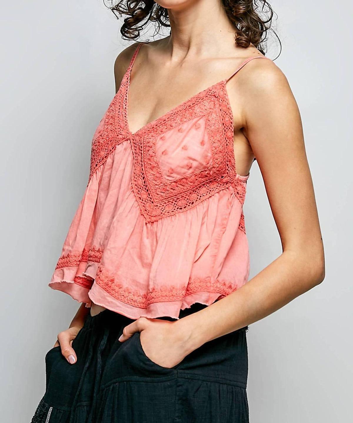 Pol - V-neck Sleeveless Embroidered Woven Top
