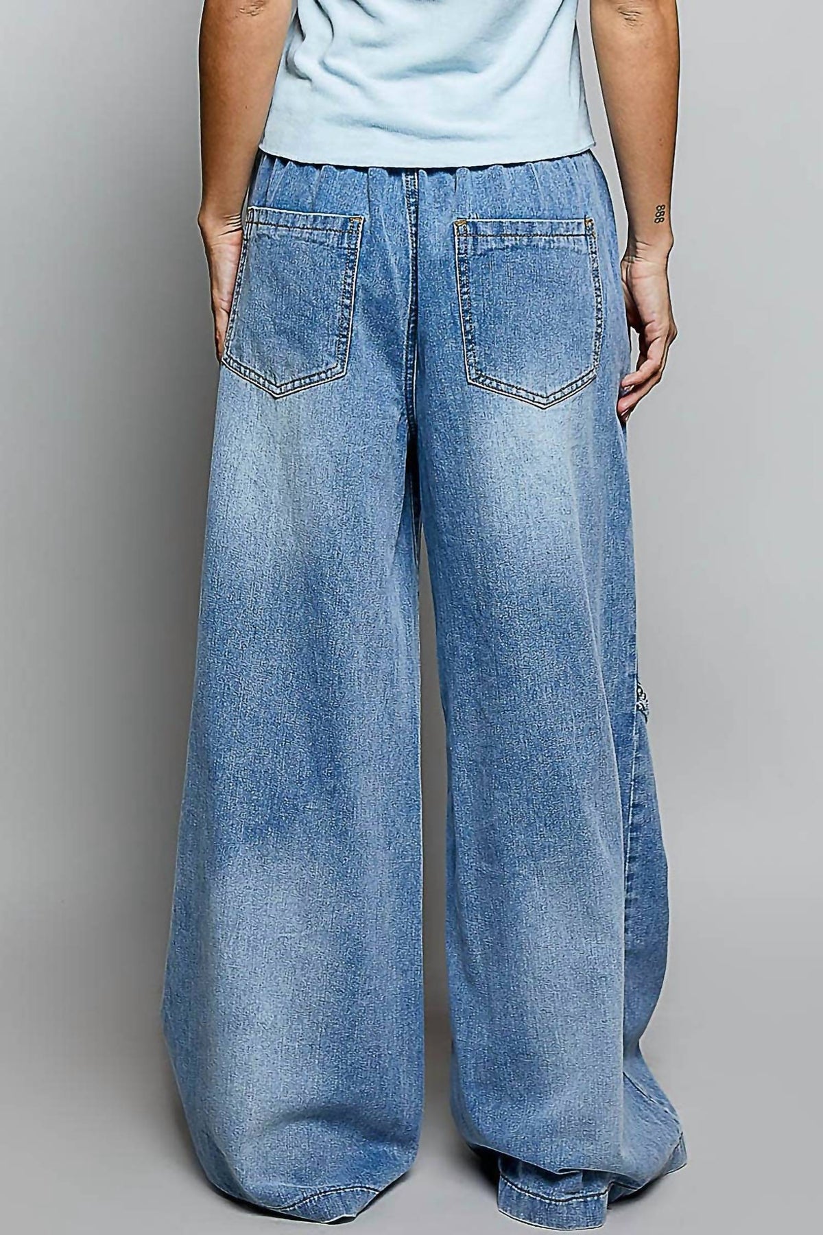 Pol - Vintage Washing Solid Back Elastic Band High Rise Wide Pants