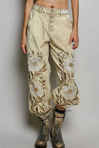 Pol - Women's Embroidered Button Fly Mid Rise Pants