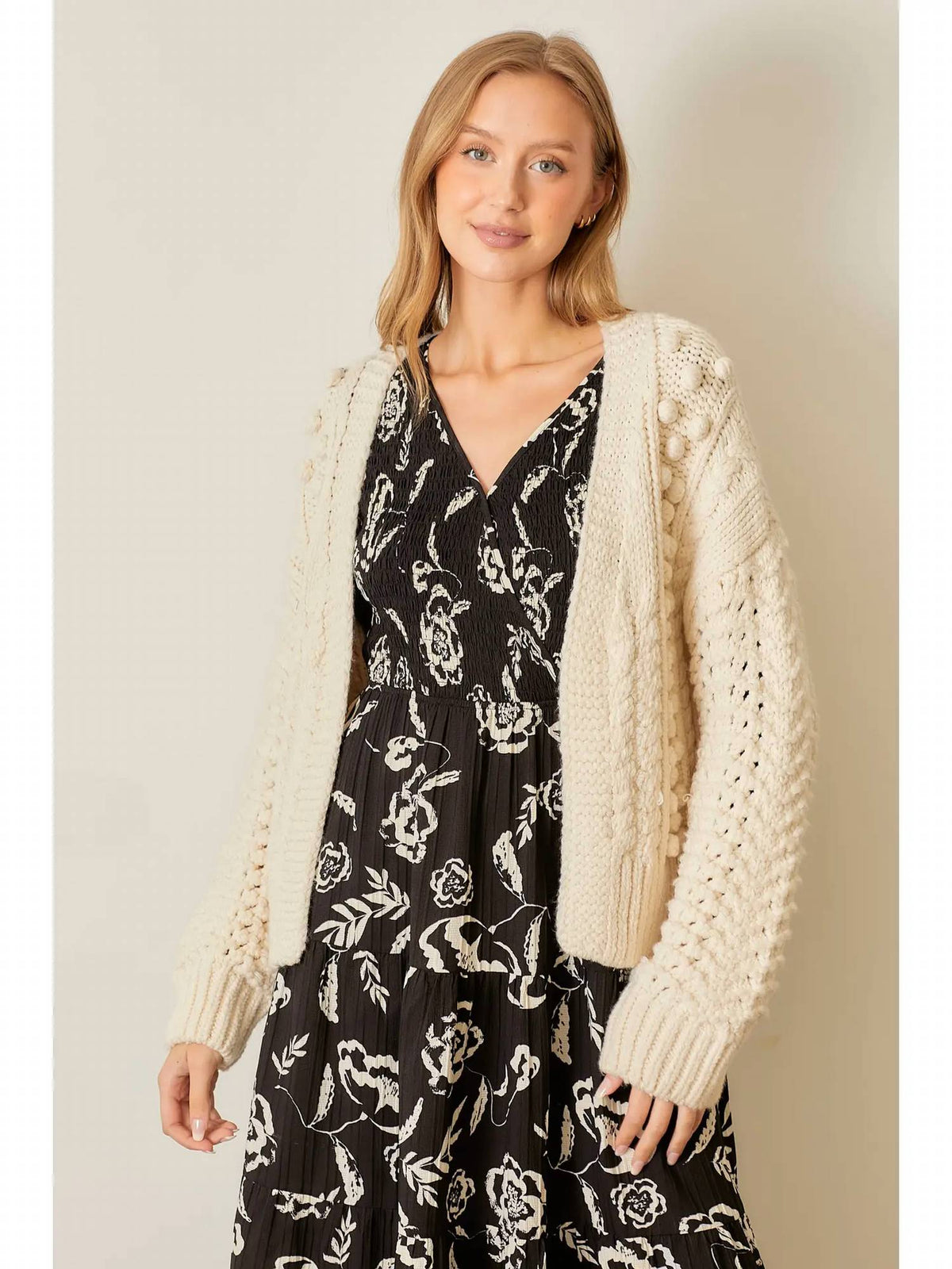 Polagram - Pom Pom Open Front Cardigan