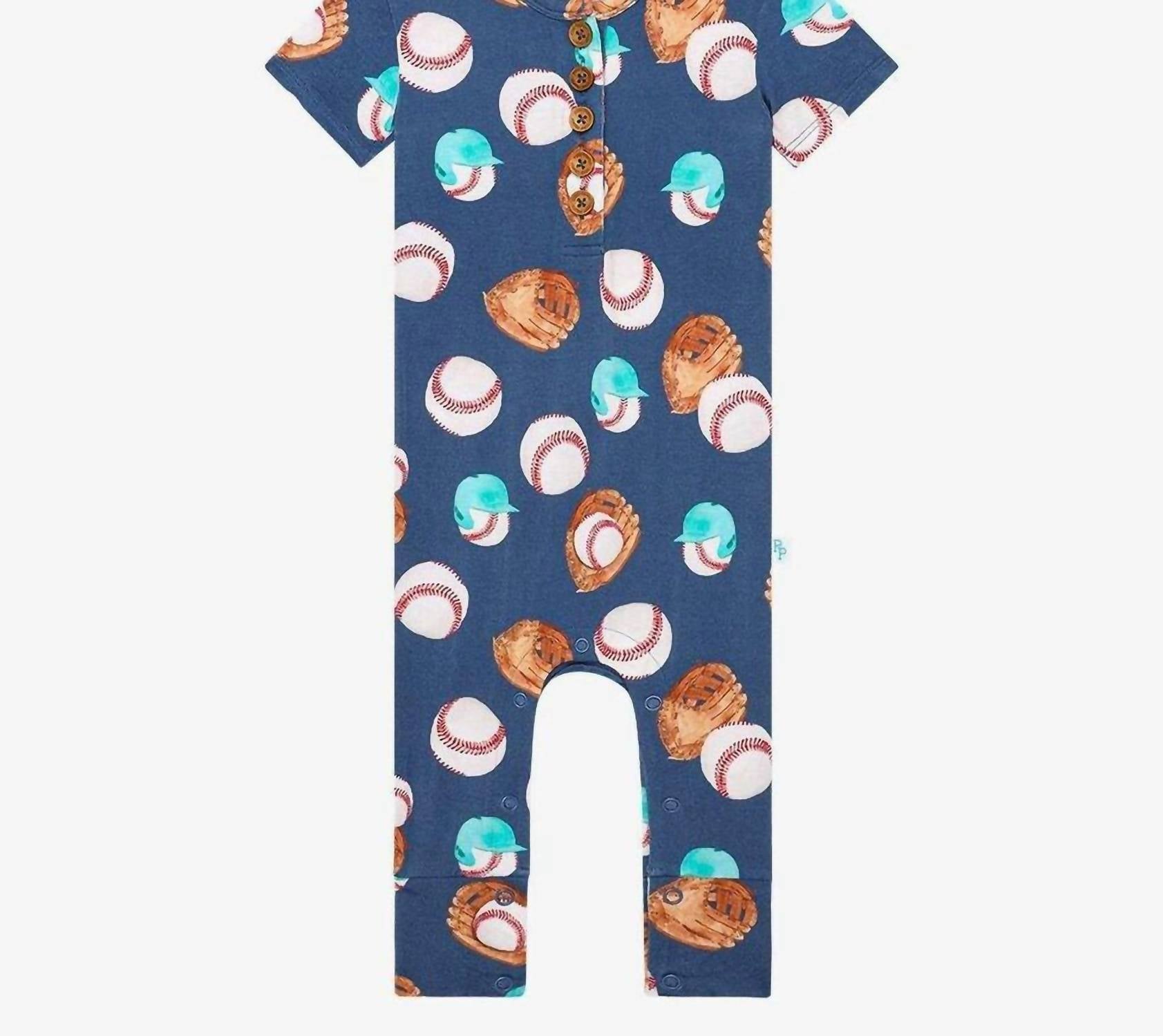 Posh Peanut - Henley Short Sleeve Romper - blue - bottoms - clothing