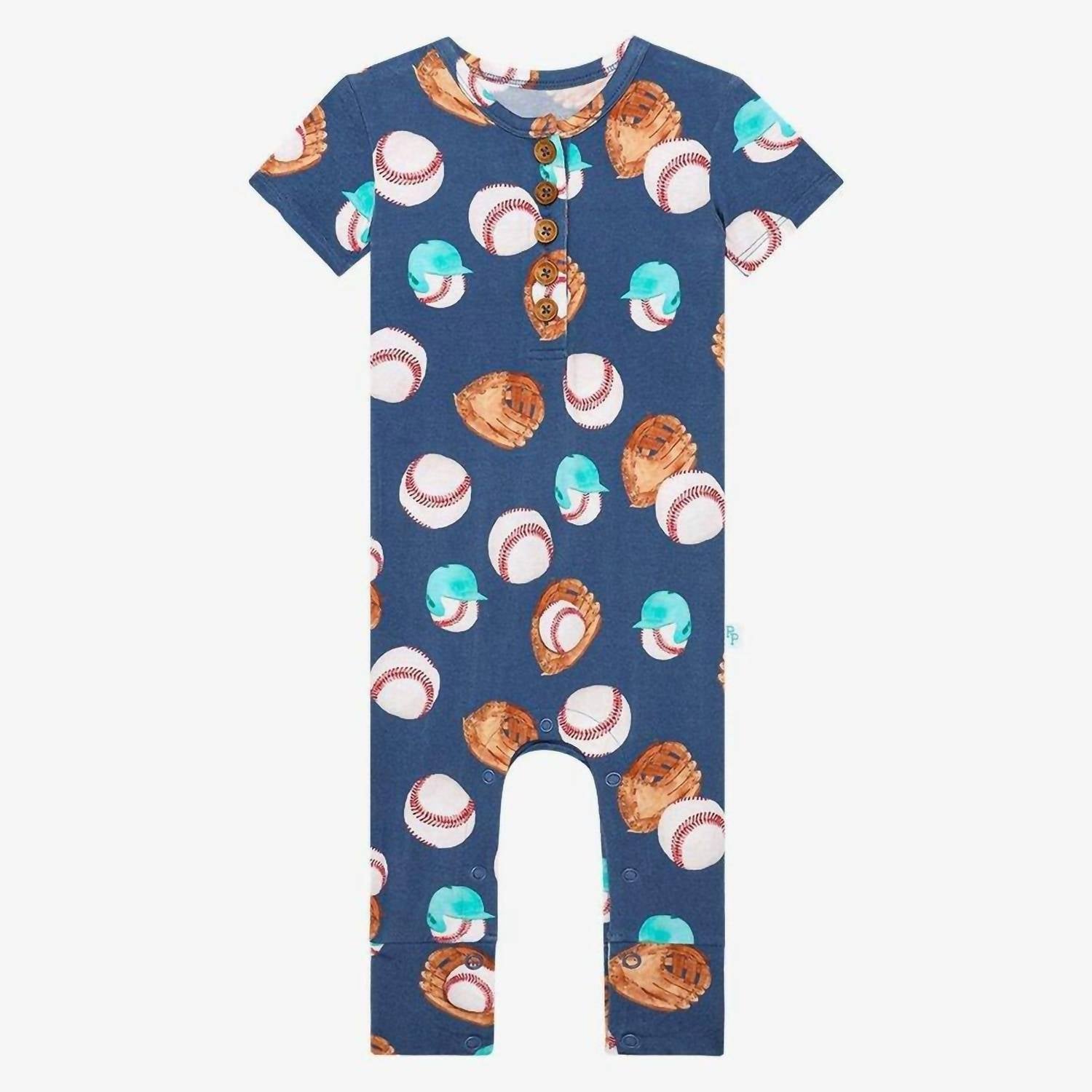 Posh Peanut - Henley Short Sleeve Romper - blue - bottoms - clothing