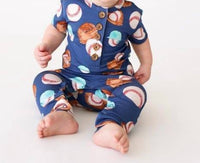 Posh Peanut - Henley Short Sleeve Romper - blue - bottoms - clothing