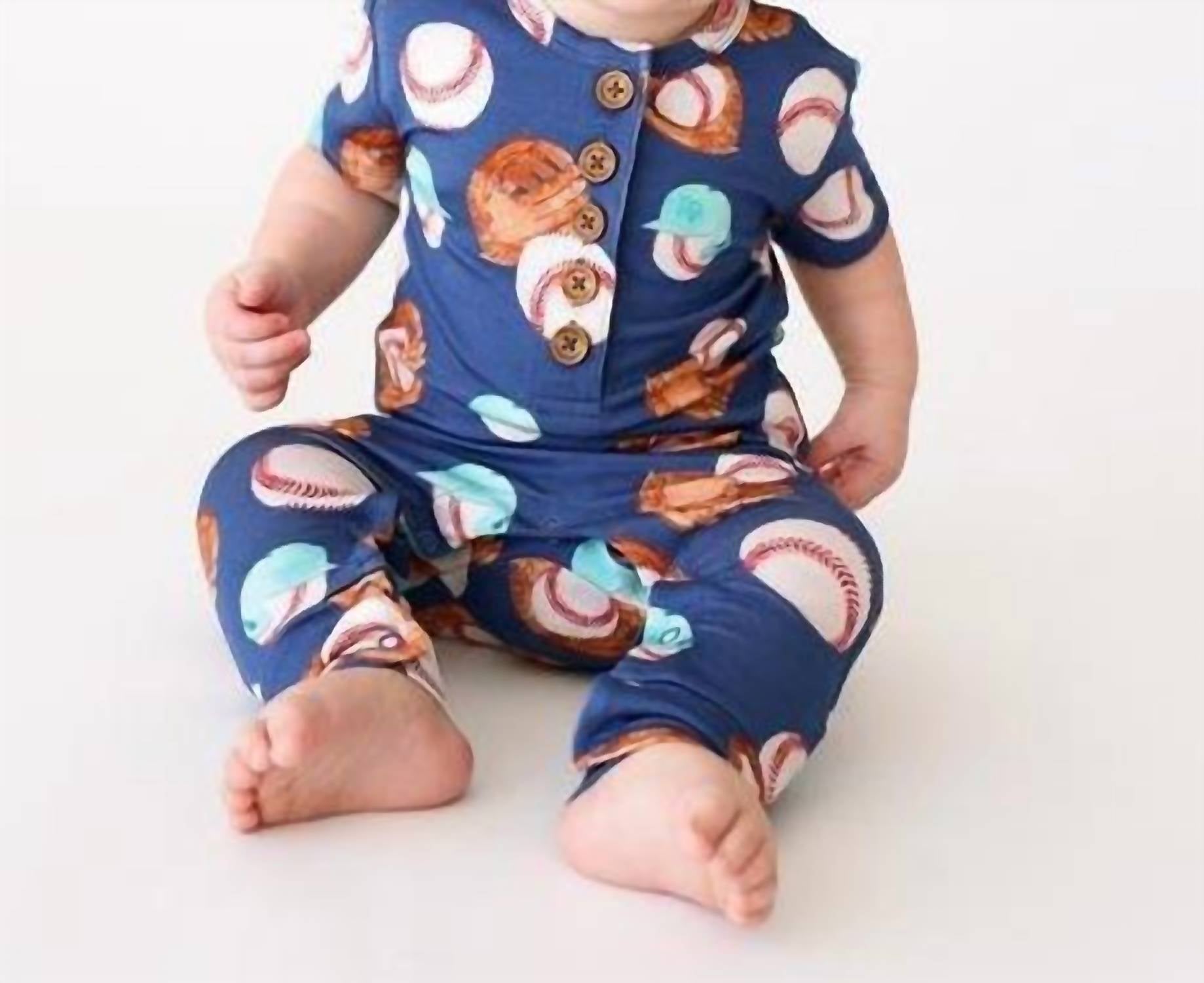 Posh Peanut - Henley Short Sleeve Romper - blue - bottoms - clothing
