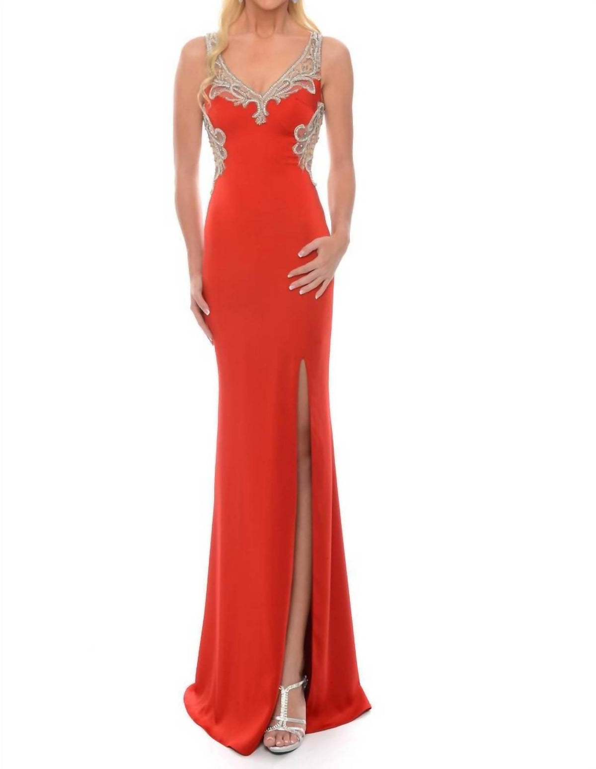 Precious Formals - Stretch Satin Gown With High Slit