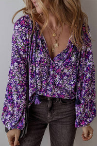 Pretty Bash - Boho Flower V-neck Bubble Sleeve Top