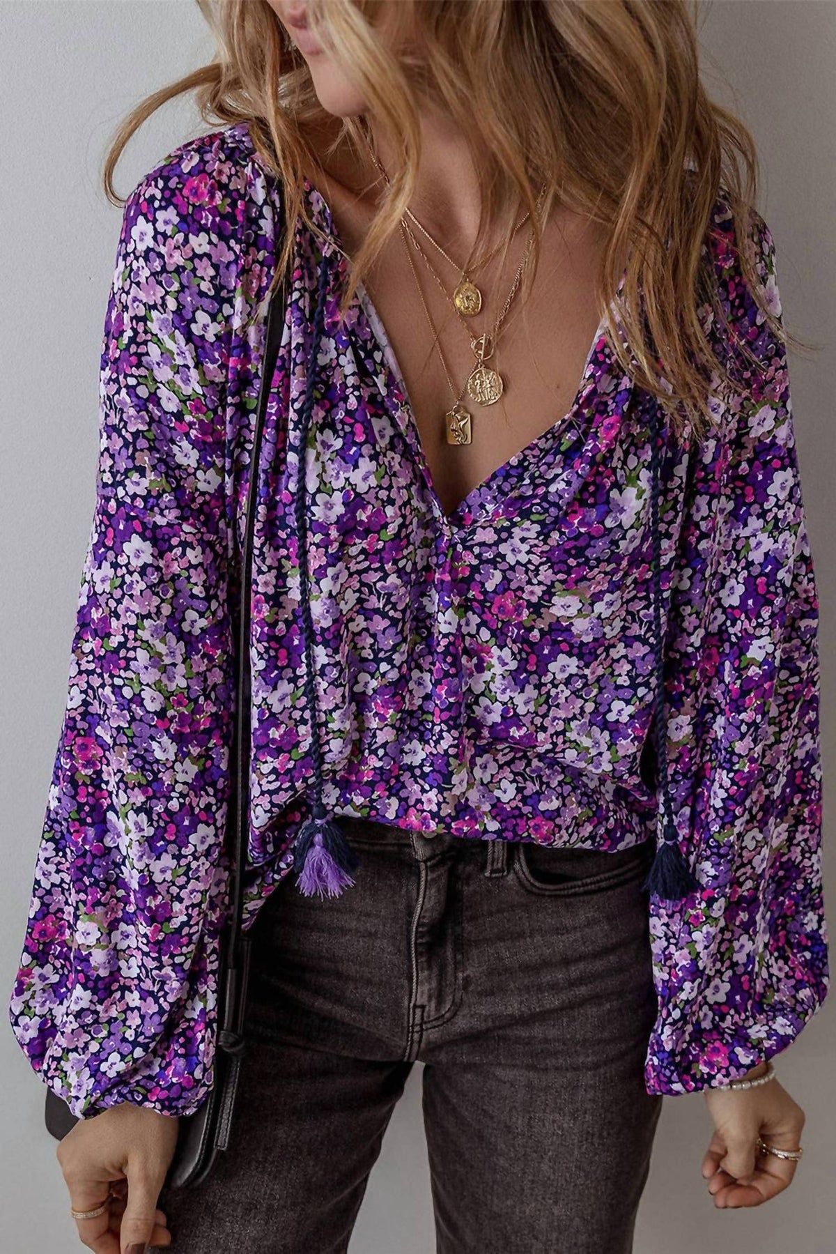 Pretty Bash - Boho Flower V-neck Bubble Sleeve Top