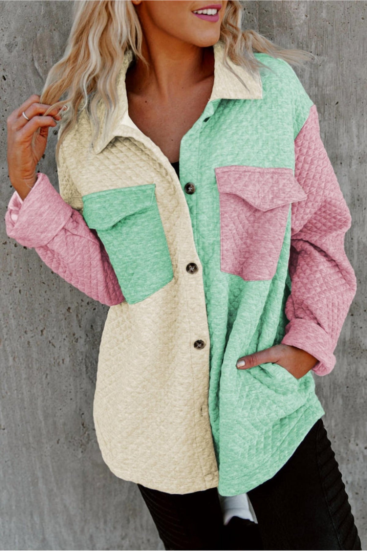 Pretty Bash - Colorblock Button Front Quilted Shacket