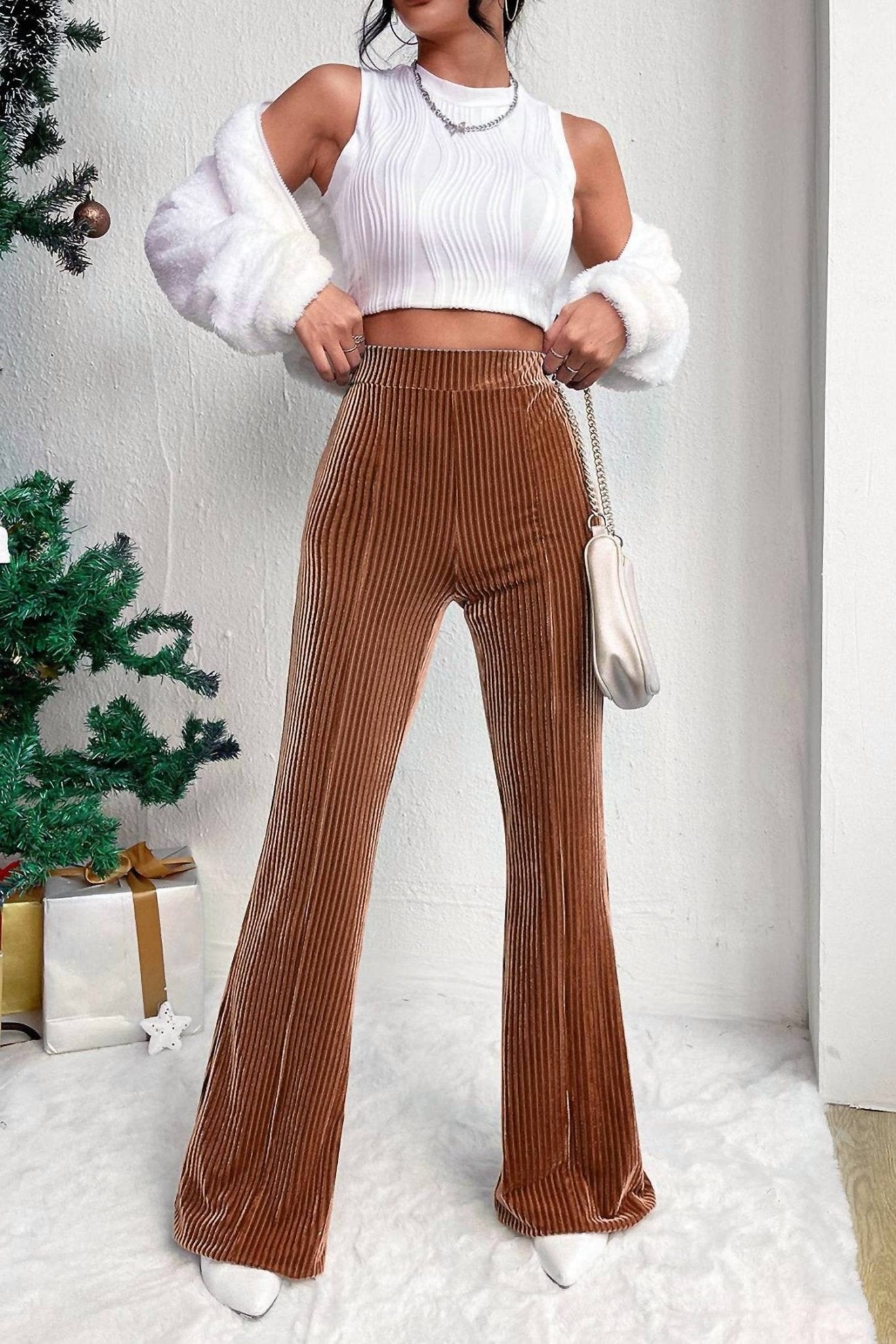 Pretty Bash - Corduroy/velvet High Waist Flare Pants - boot - cut - brown - clothing