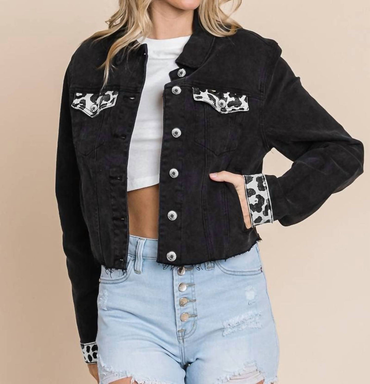 Pretty Bash - Denim Paneled Leopard Print Ripped Jacket