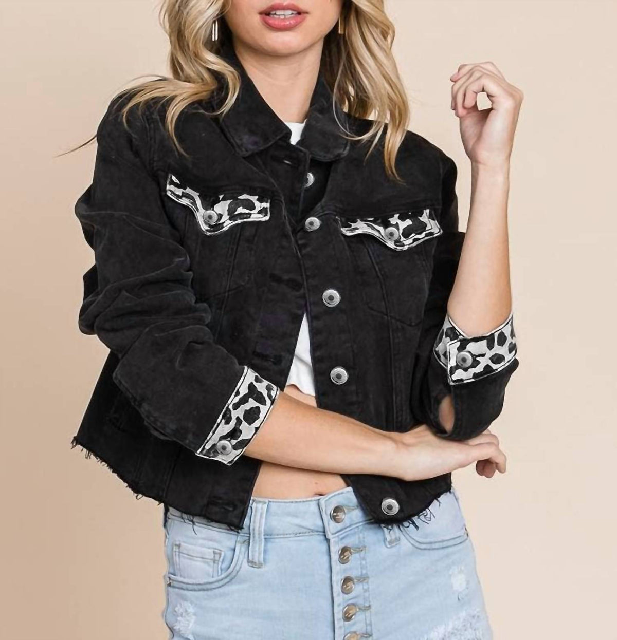 Pretty Bash - Denim Paneled Leopard Print Ripped Jacket