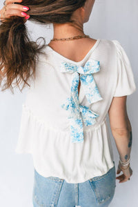 Pretty Bash - Floral Bow Tie Back Bubble Sleeve Peplum Top