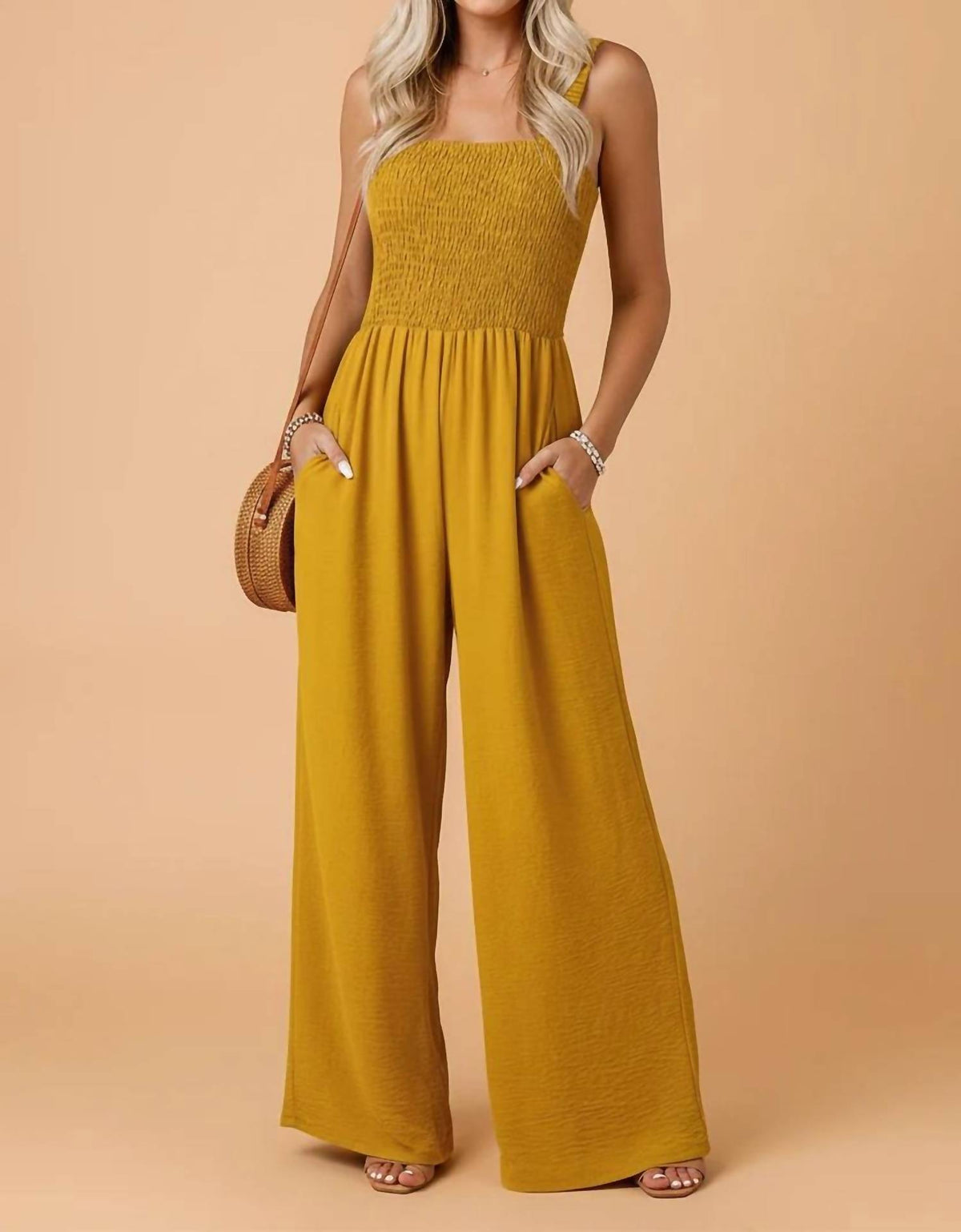 Pretty Bash - Smocked Wide Leg Jumpsuit