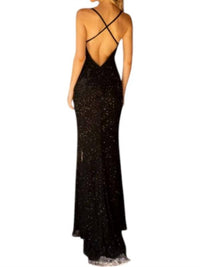 Primavera - Deep V Neck Criss Cross Back Prom Dress - black - clothing - dresses