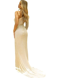 Primavera - One Shoulder Long Sleeve Prom Dress - beige - clothing - dresses