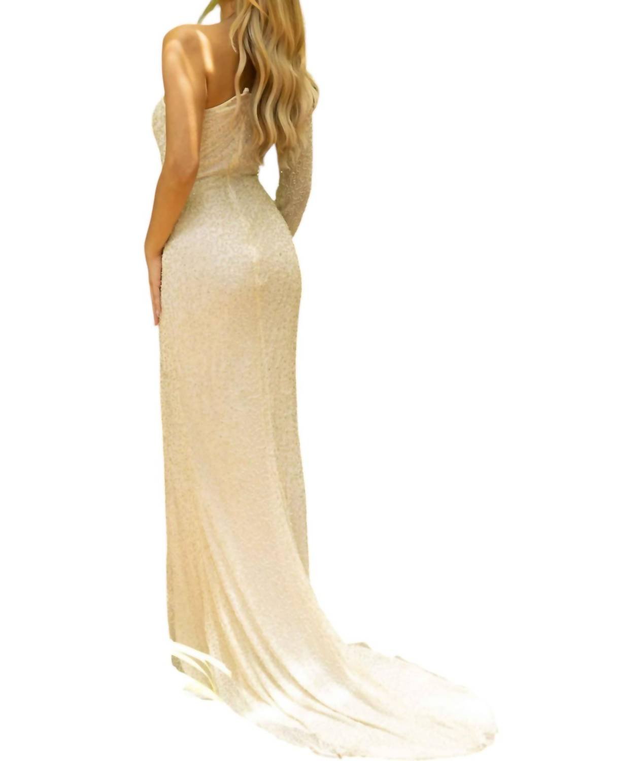 Primavera - One Shoulder Long Sleeve Prom Dress - beige - clothing - dresses
