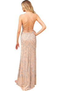 Primavera - Scoop Neck Lace Up Back Prom Dress - beige - clothing - dresses