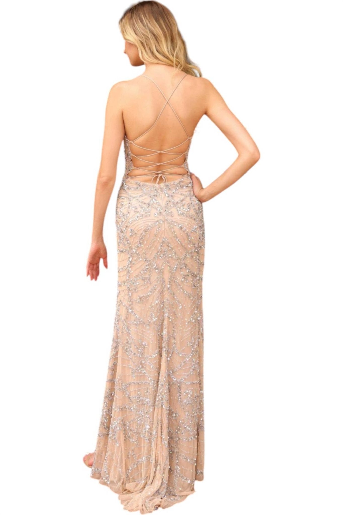 Primavera - Scoop Neck Lace Up Back Prom Dress - beige - clothing - dresses