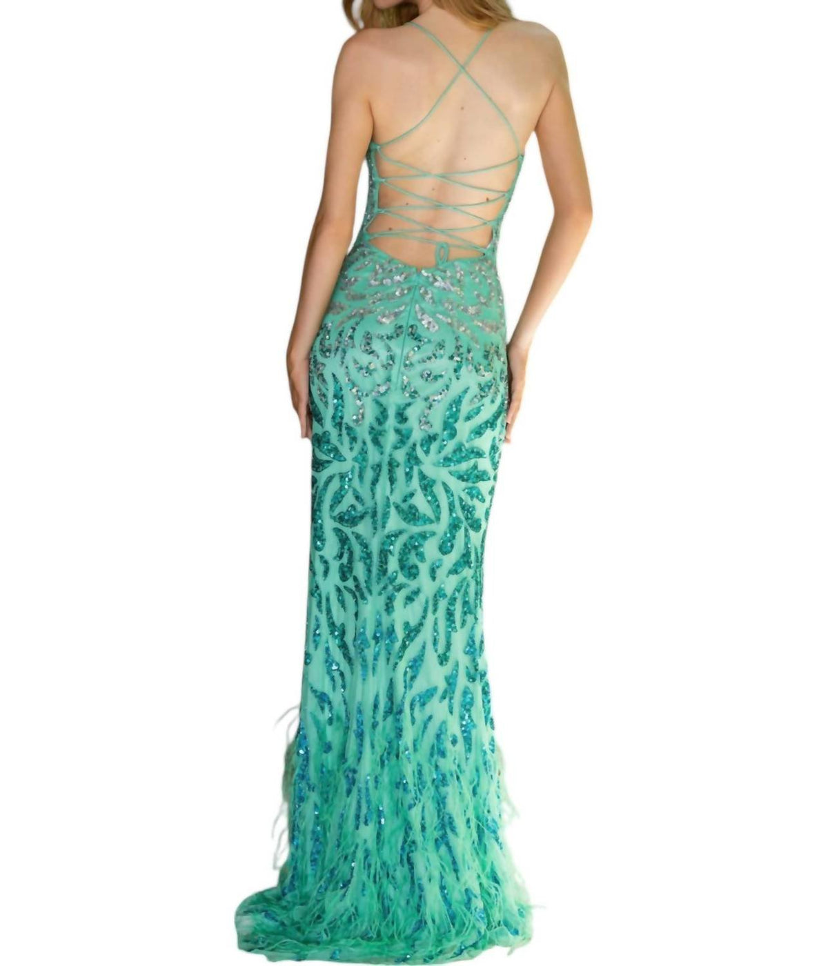 Primavera - Sequined Embellished Dress With Feathers Prom Dress - clothing - dresses - green