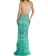 Primavera - Sequined Embellished Dress With Feathers Prom Dress - clothing - dresses - green