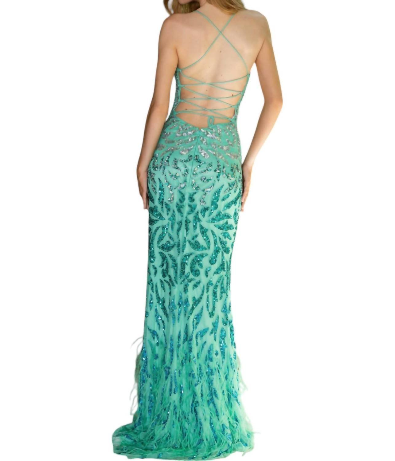 Primavera - Sequined Embellished Dress With Feathers Prom Dress - clothing - dresses - green