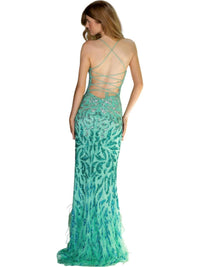 Primavera - Sequined Embellished Dress With Feathers Prom Dress - clothing - dresses - green