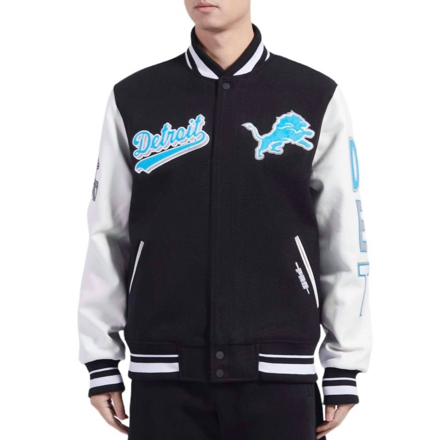 Pro Standard - Pro Standard Detroit Lions Script Tail Rib Wool Varsity Jacket - black - bomber - clothing