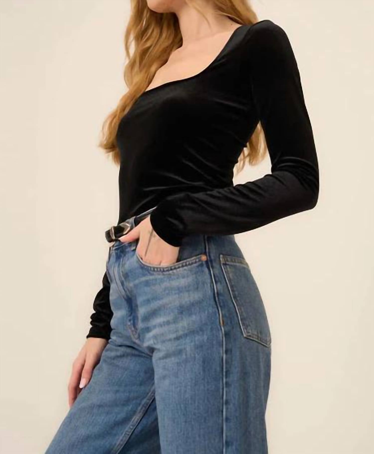 Project Social T - Dream Come True Square Neck Velvet Long Sleeve Top - black - blouses - clothing