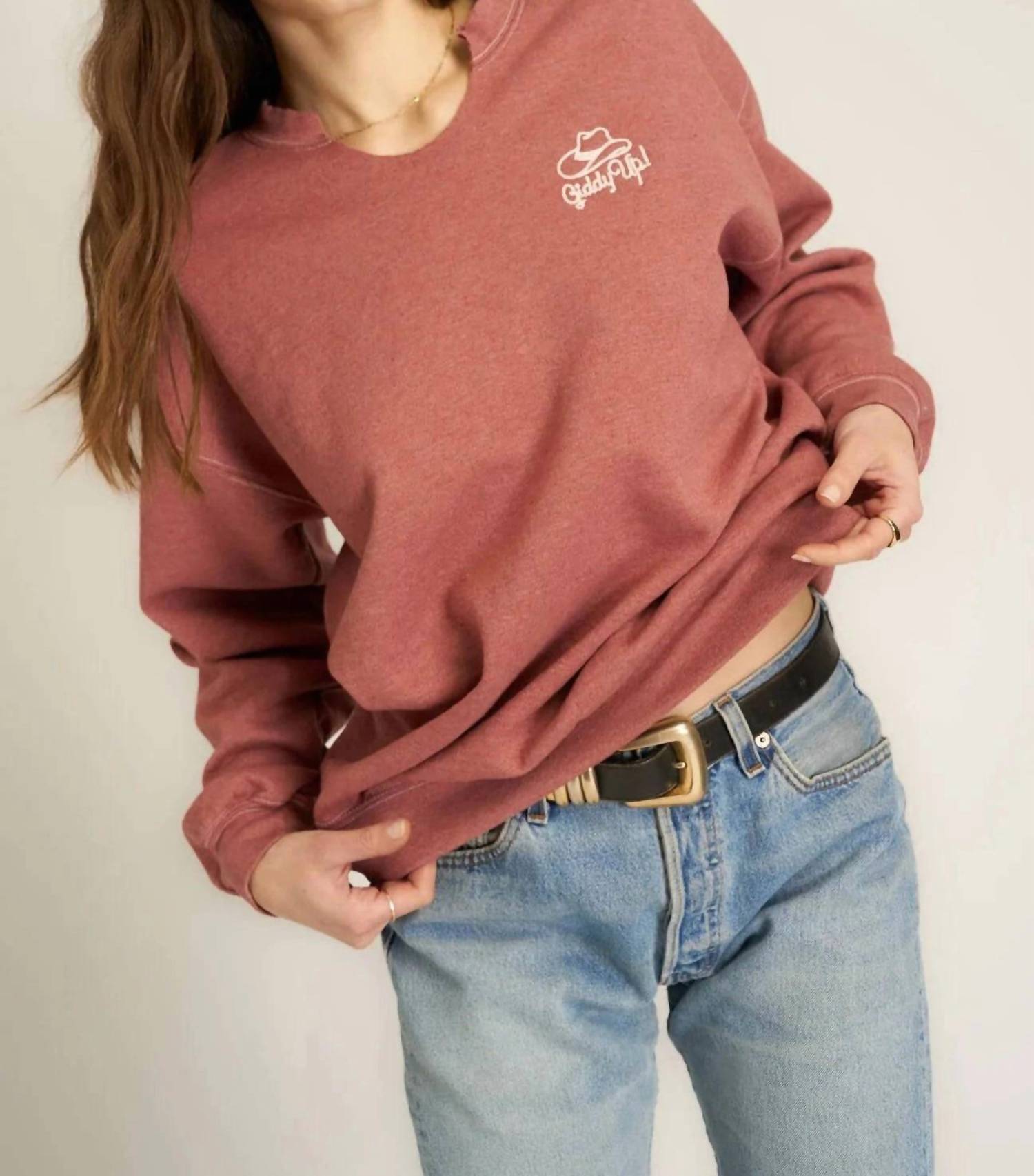 Project Social T - Giddy Up Embroidered Cut Crew Sweatshirt - brown - clothing - cotton - blend