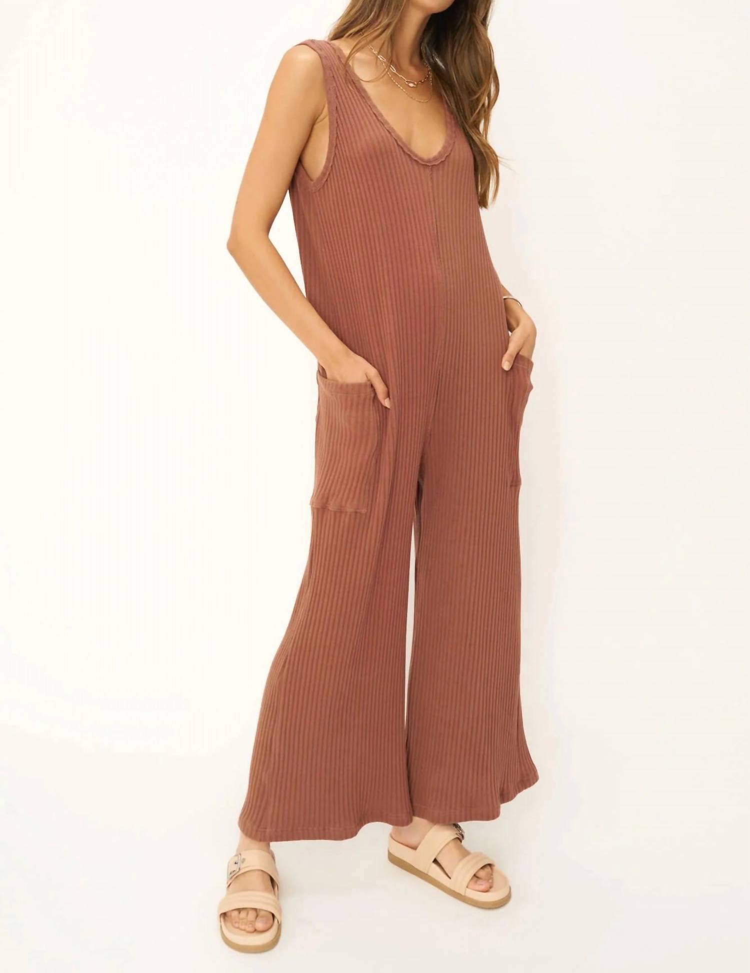 Project Social T - Santa Maria Sweater Rib Wide Leg Jumpsuit - brown - clothing - cotton - blend