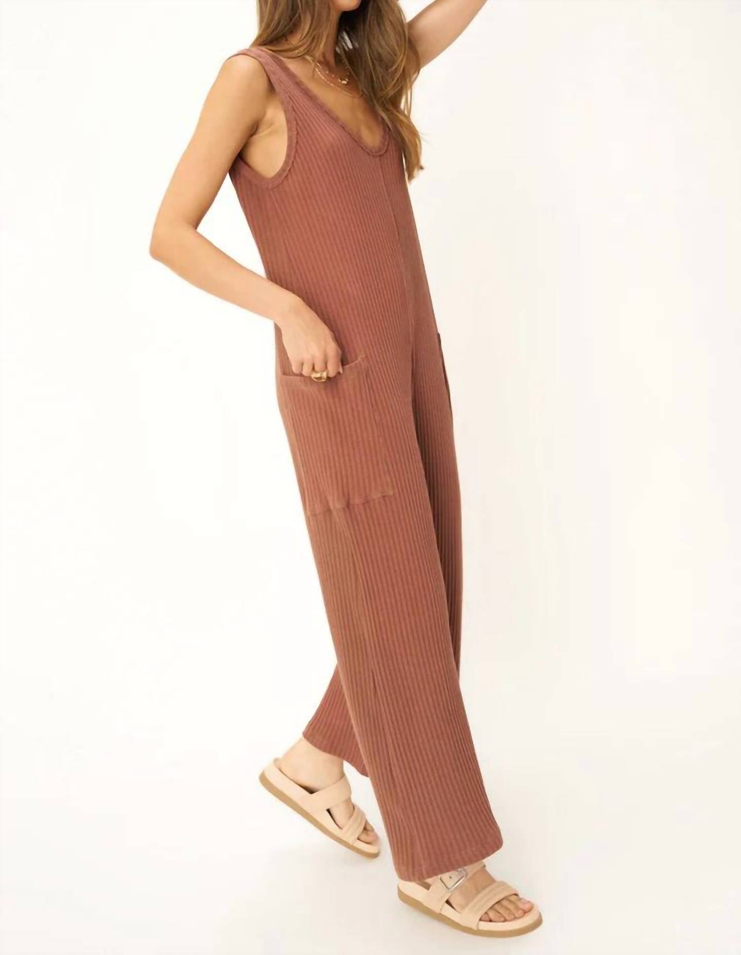 Project Social T - Santa Maria Sweater Rib Wide Leg Jumpsuit - brown - clothing - cotton - blend