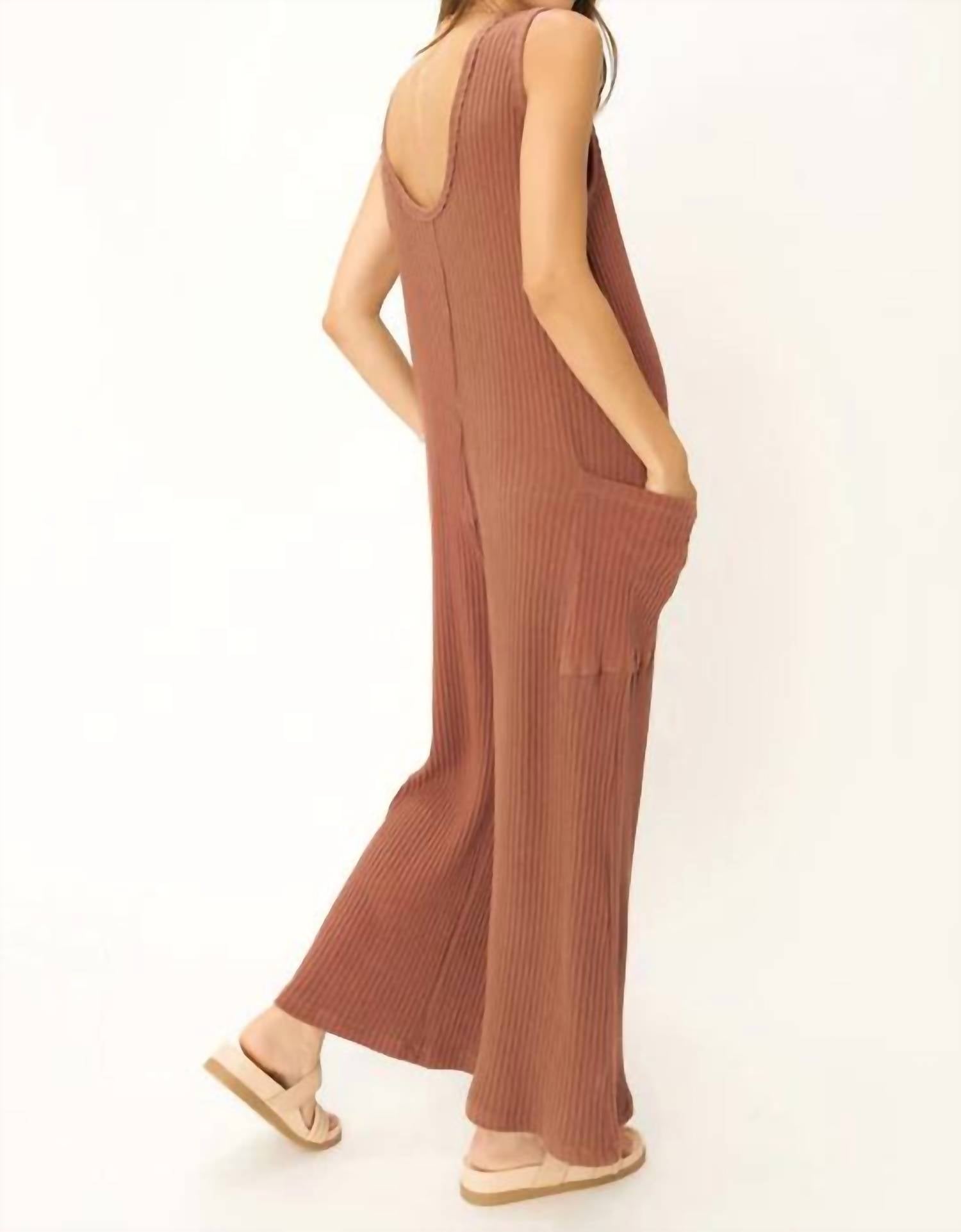 Project Social T - Santa Maria Sweater Rib Wide Leg Jumpsuit - brown - clothing - cotton - blend
