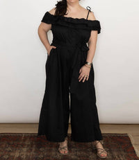 Psophia - Ruffle Neck Jumpsuit - black - clothing - cotton