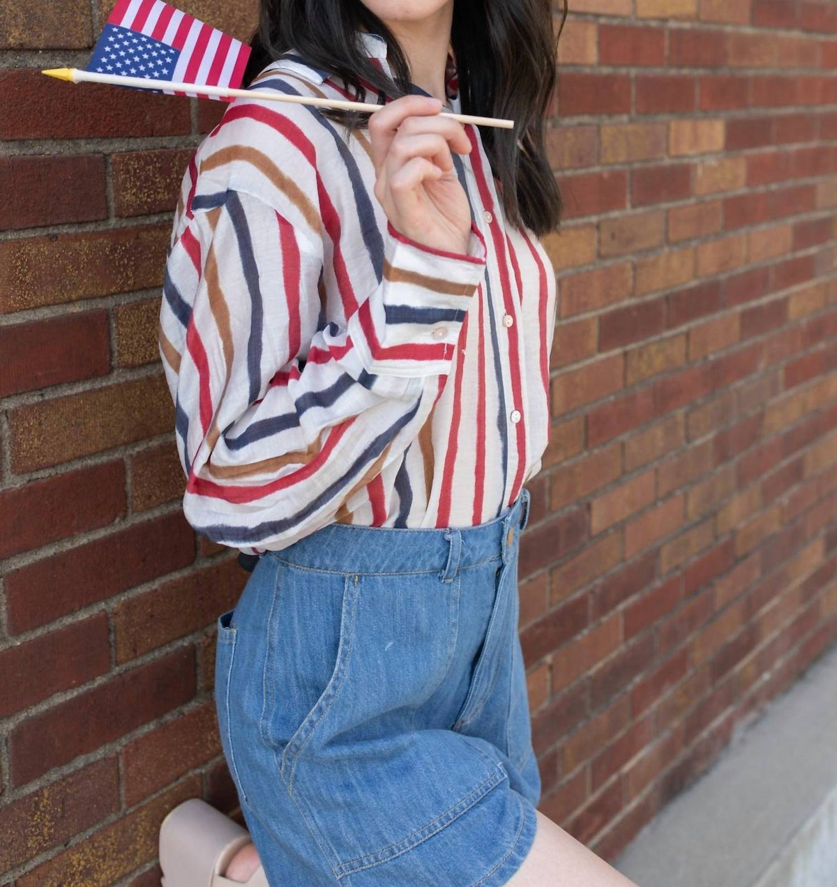 Q2 - American Stripes Chiffon Button Down Blouse