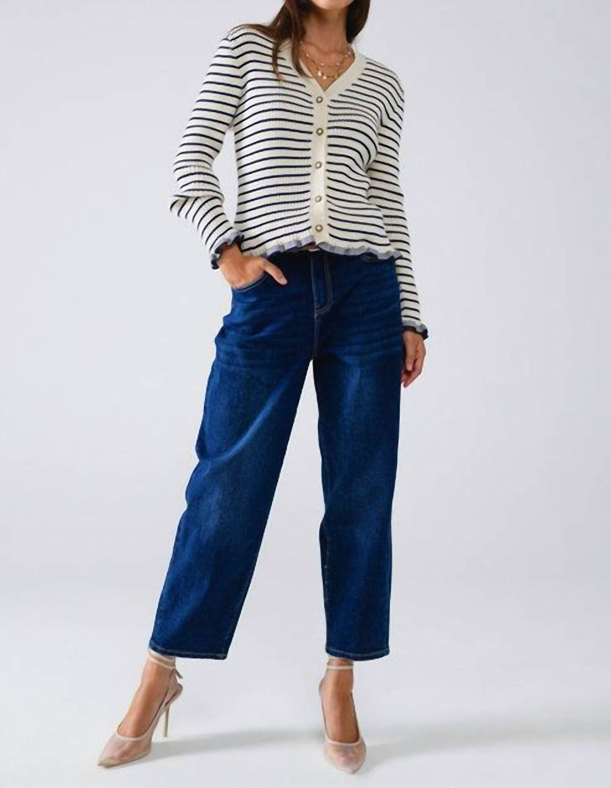 Q2 - Striped Cardigan in Cream with Ruffle Trim