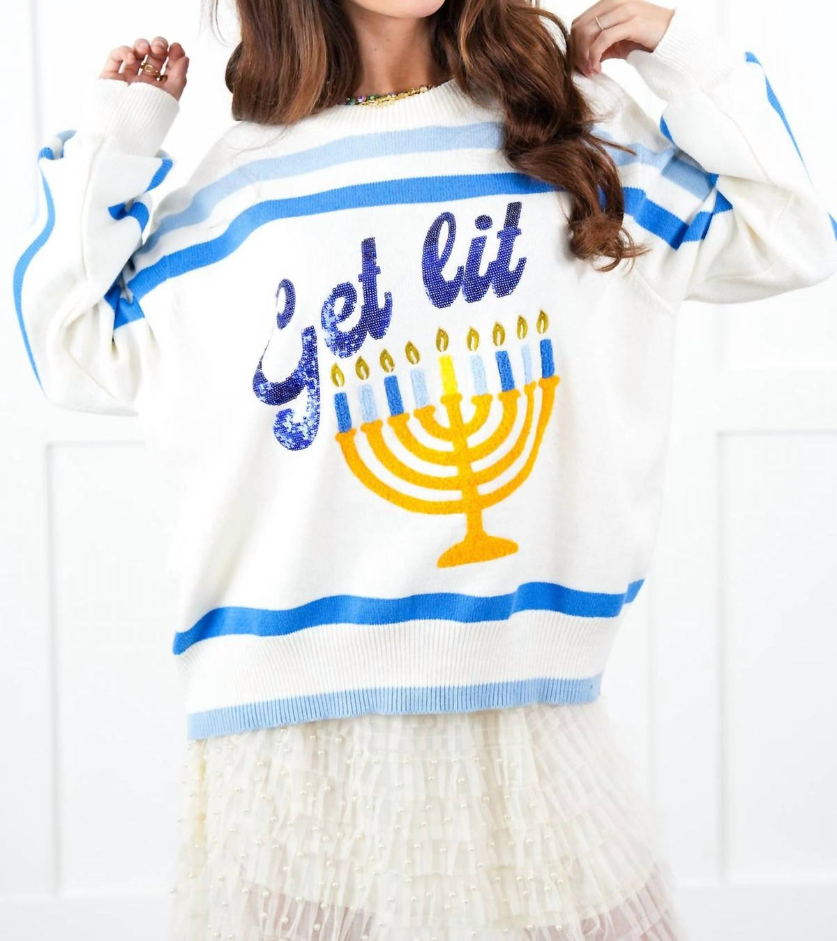 Queen Of Sparkles - "get Lit" Menorah Stripe Sweater