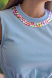 Queen Of Sparkles - Rainbow Jewel Trim Tank Top - blue - clothing - cotton