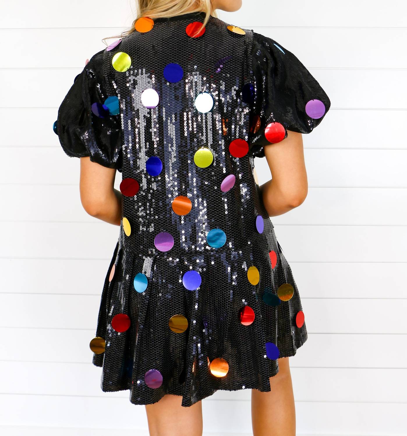 Queen Of Sparkles - Sequin Poof Sleeve Rainbow Paillette Dress - black - clothing - dresses
