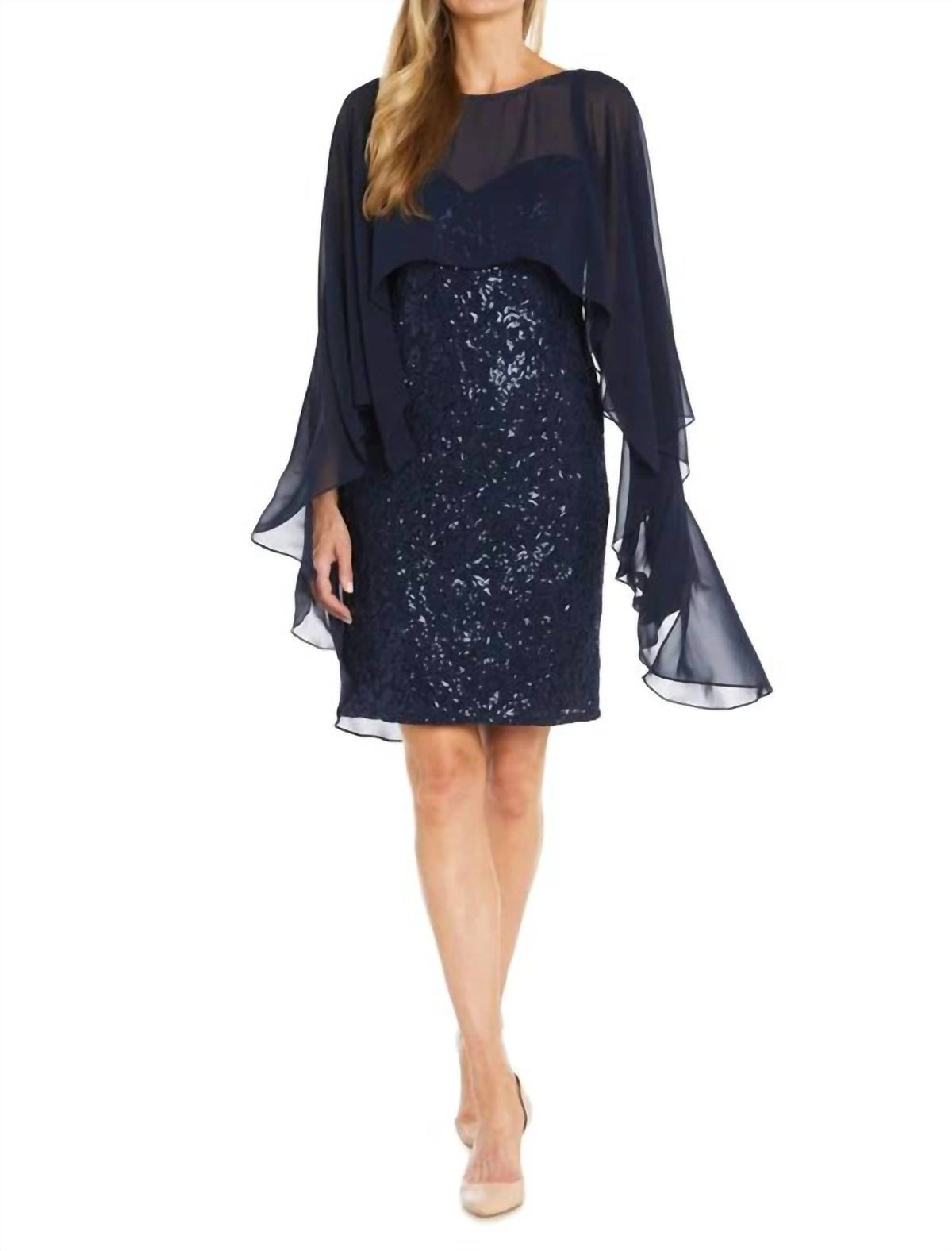 R&M Richards - Shear Cape Overlay Sparkled Dress